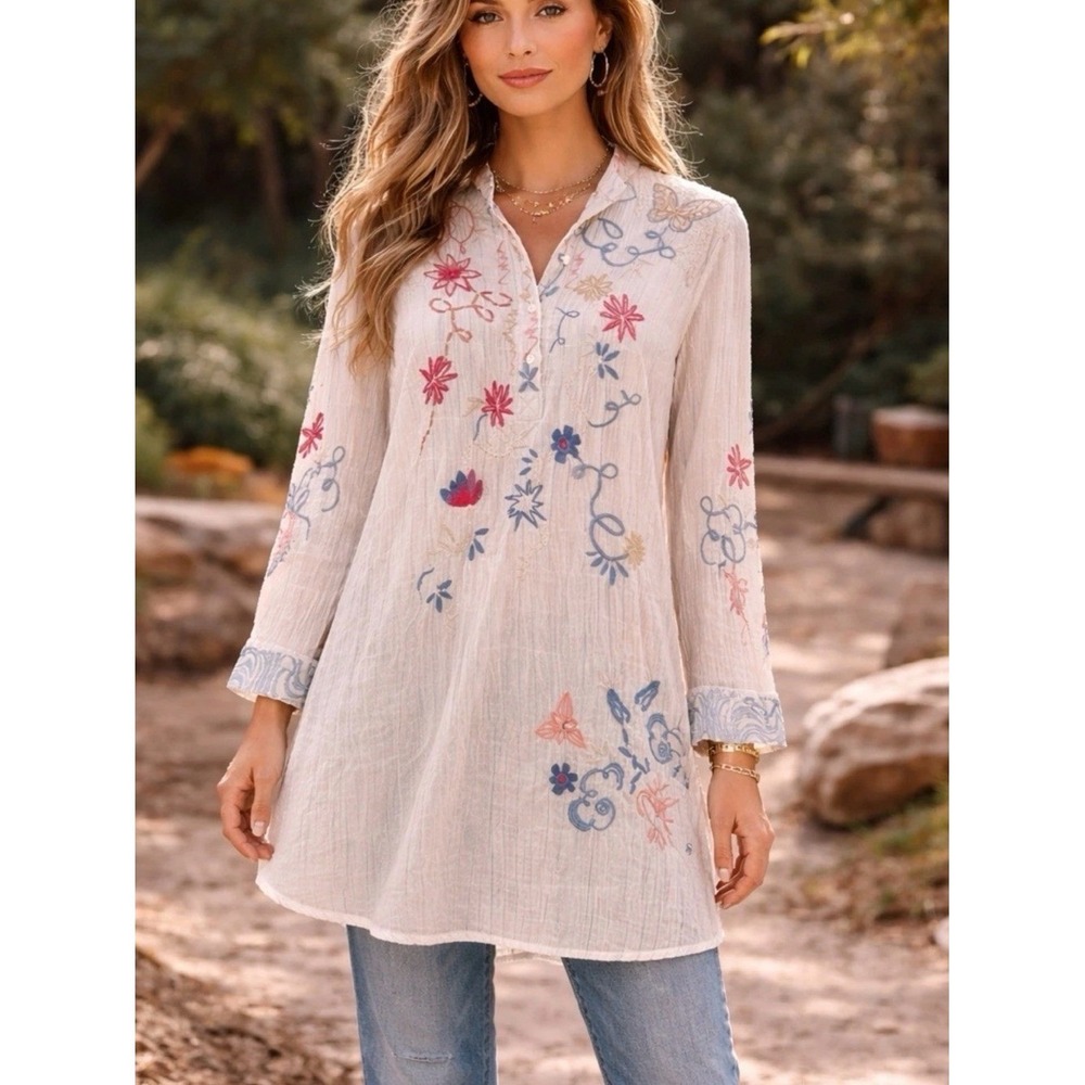 Johnny Was Workshop Tunic Women Small Beige Embroidered Floral Boho Cotton Gauze
